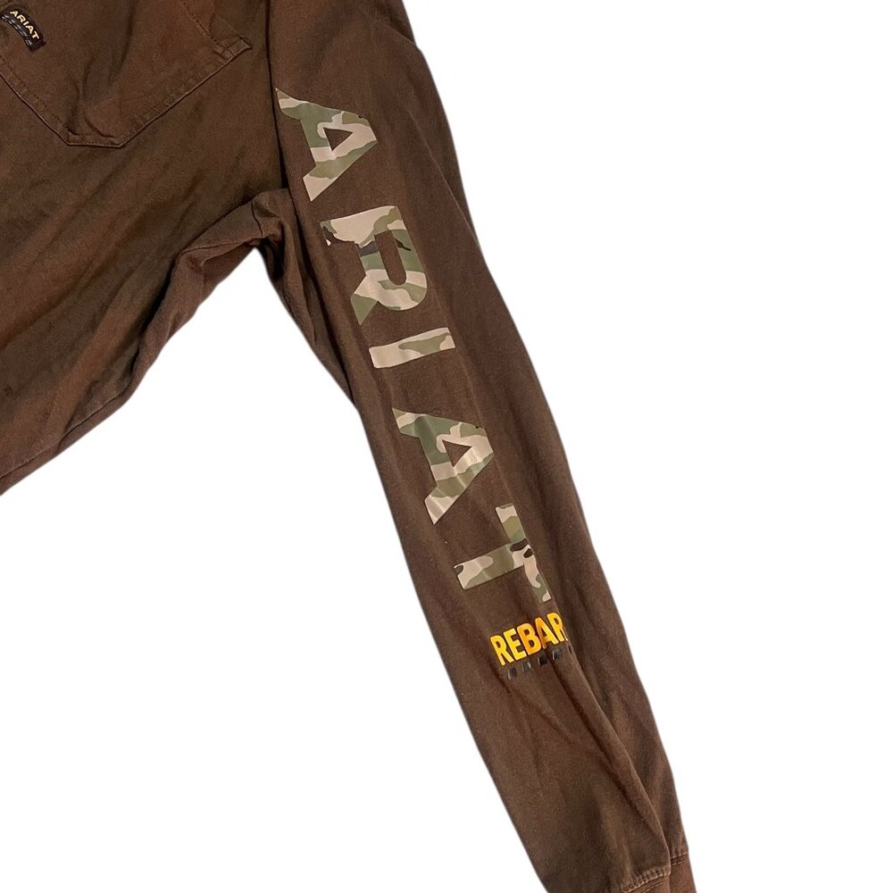 Ariat Rebar Long Sleeve Shirt Men's Size 3XL Brown Front Pocket Camo Spell Out - Picture 4 of 5